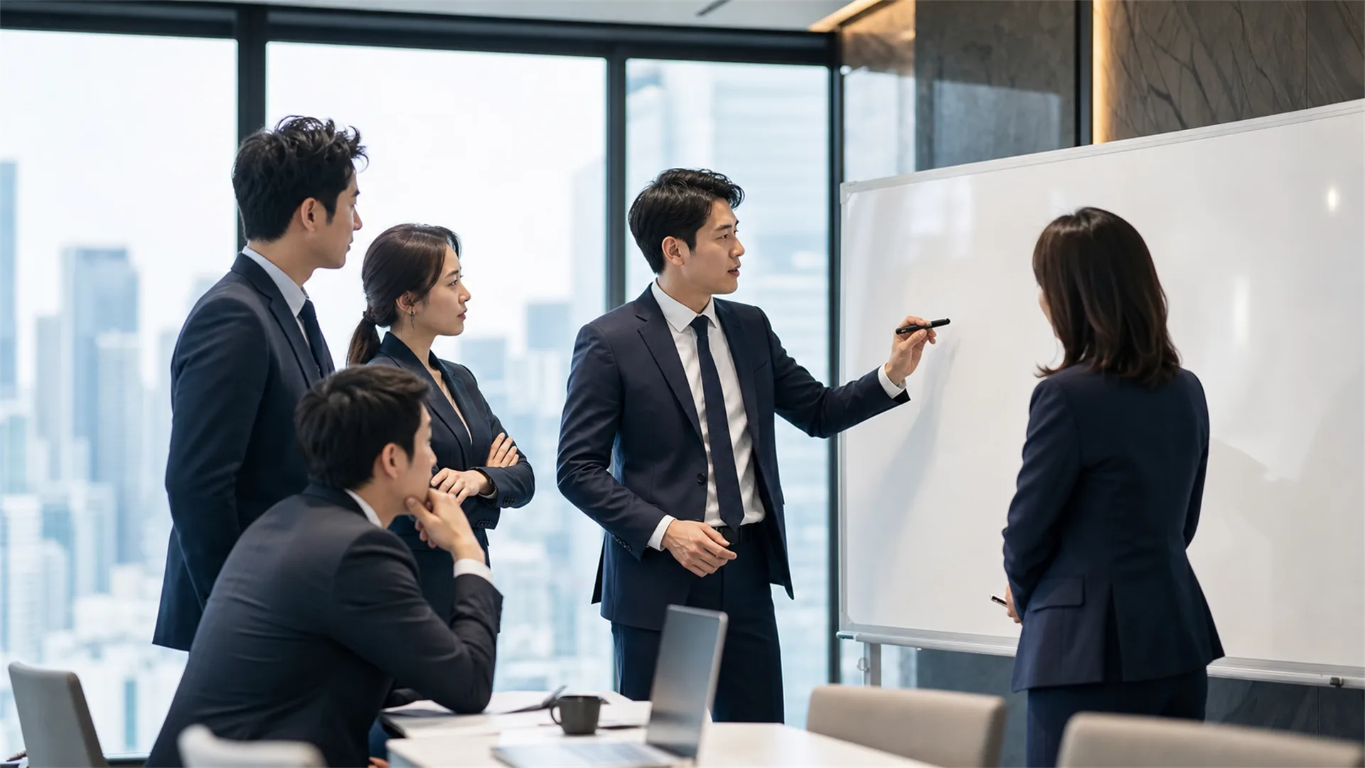 서울 비즈니스 지구에서 전략 회의를 준비하는 한국 컨설팅 현장
